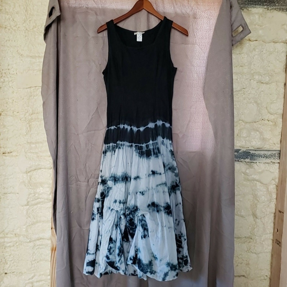 Vasna Desire Dress Womens L Black Tie Dye Sleeveless Scoop Neck Fit & Flare Long